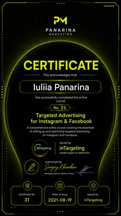 Certificate: Targeted Advertising for Instagram & Facebook. inTargeting · 19 Aug 2021